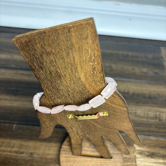 NWT Soft Pink Rose Quartz Beaded Chunky Boho Bracelet, Silver Bead Leather Loop - Picture 6 of 8